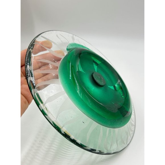 Green Art Glass Decorative Plate Dish Hand Made & Etched Clear Green Swirled - Picture 8 of 10